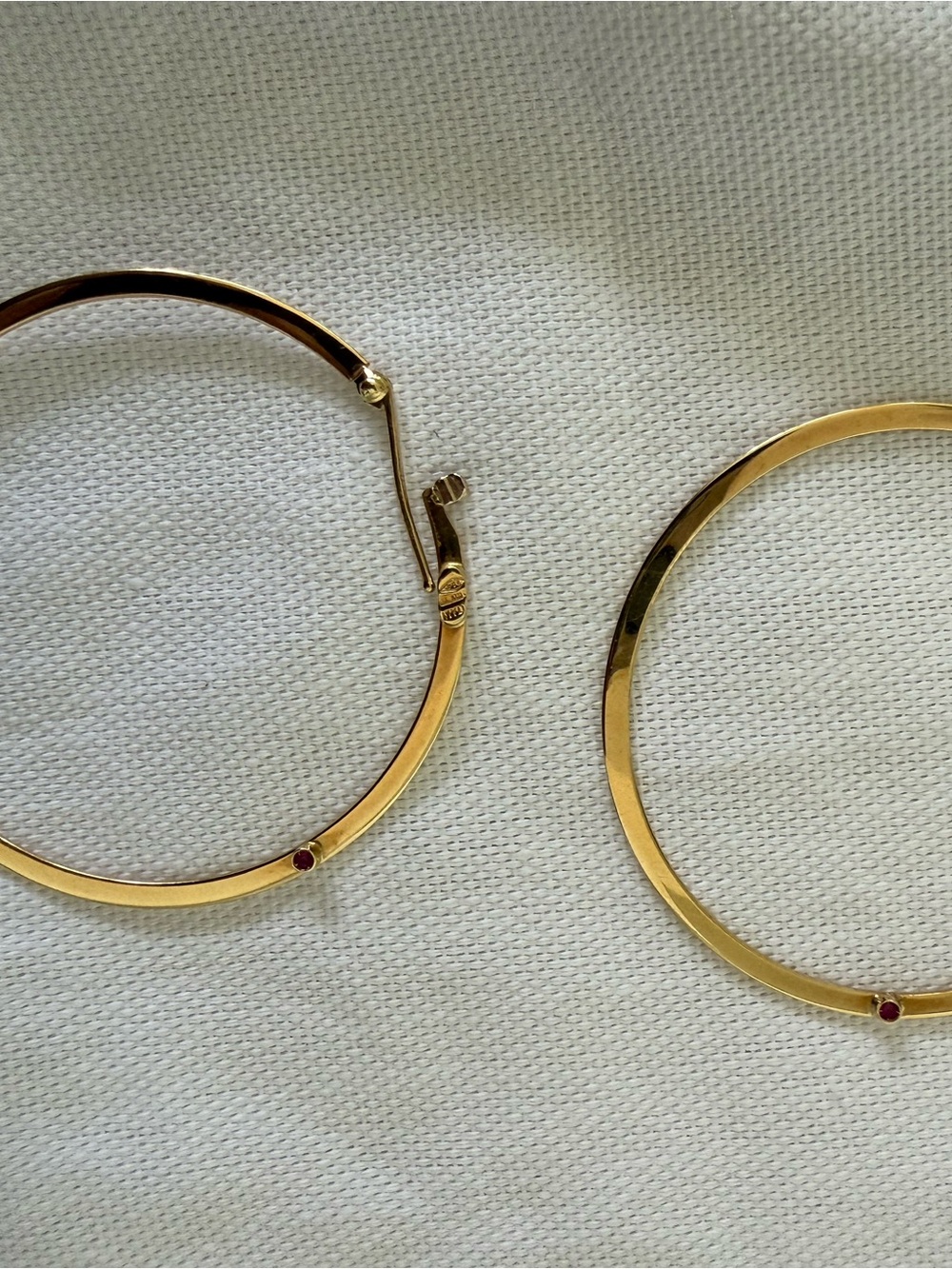 Roberto Coin Gold Hoop Earrings with Ruby Accents, made in Italy. 18k